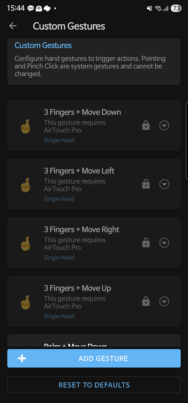 Custom gestures list